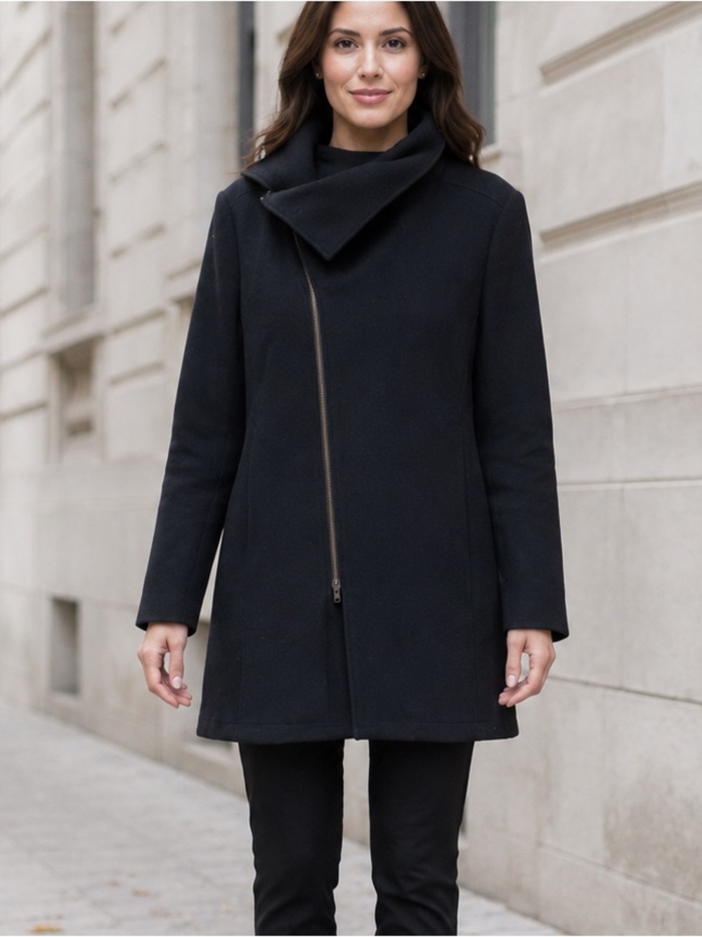 Reiss Black Wool Blend Asymmetric Zip Funnel Neck Coat Size L